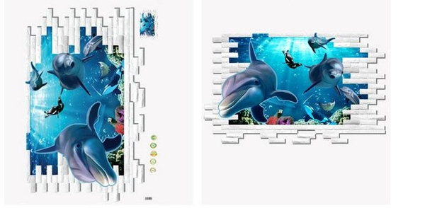 Decal 3D dán tường Đại dương cá heo 2