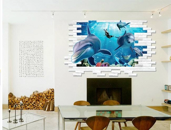 Decal 3D dán tường Đại dương cá heo 2