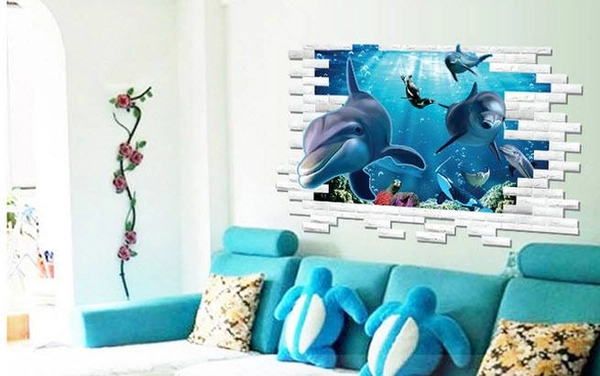 Decal 3D dán tường Đại dương cá heo 2
