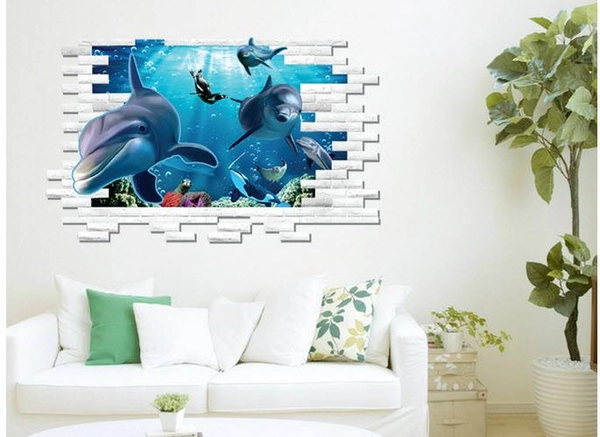 Decal 3D dán tường Đại dương cá heo 2
