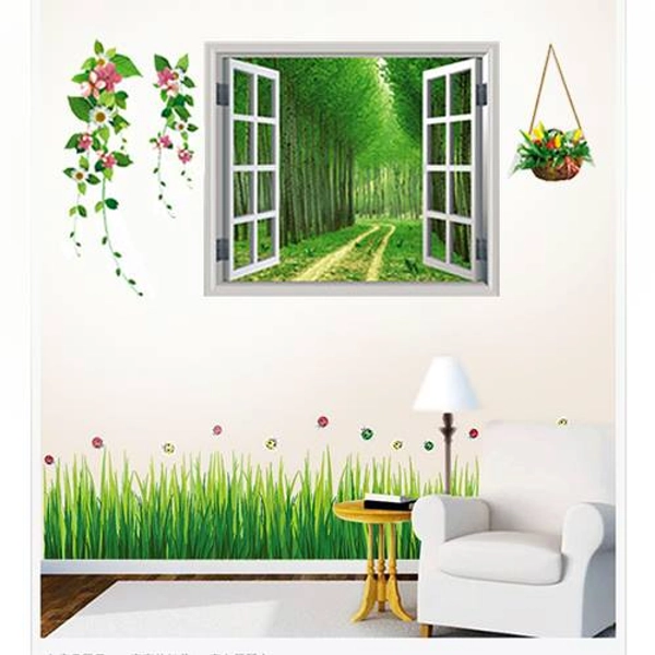 Decal dán tường Combo Cửa sổ 2   Chân tường cỏ xanh