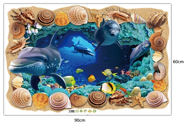 Decal 3D dán tường Cá heo và sò biển