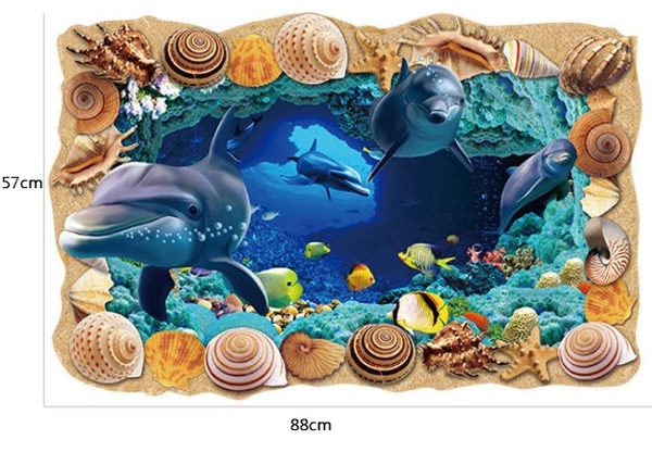 Decal 3D dán tường Cá heo và sò biển