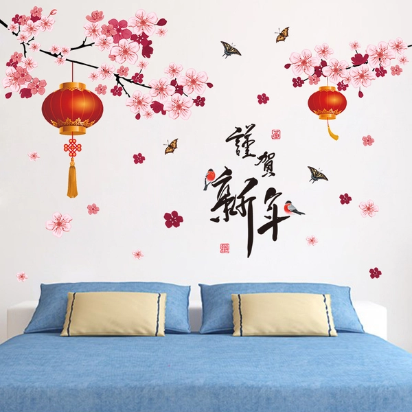 Decal tết cành đào hồng và lồng đèn đỏ