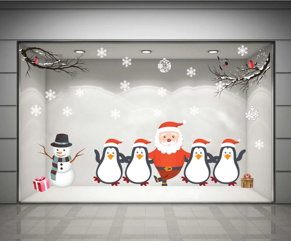 Decal dán tường Ông già Noel và chim cánh cụt  (nền trắng đục)