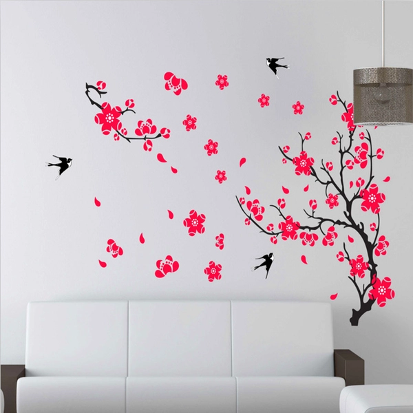 Decal tết cành đào đỏ và chim én mùa xuân