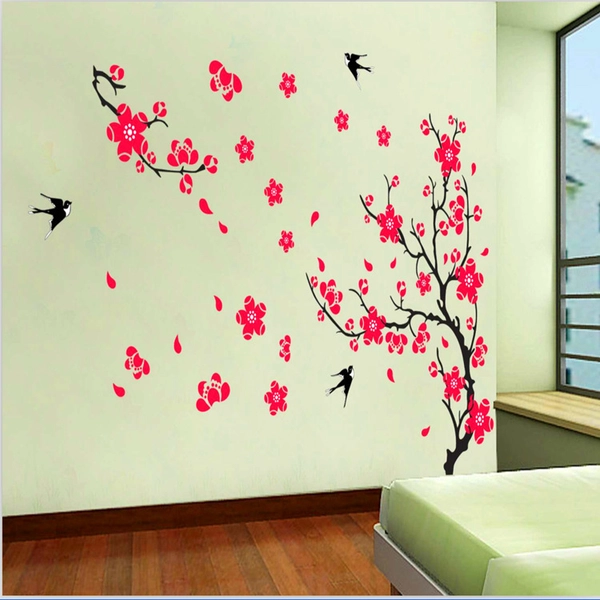 Decal tết cành đào đỏ và chim én mùa xuân