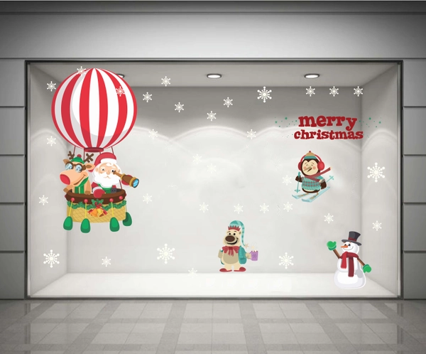 Decal dán tường Ông già Noel và khinh khí cầu (nền trắng đục)