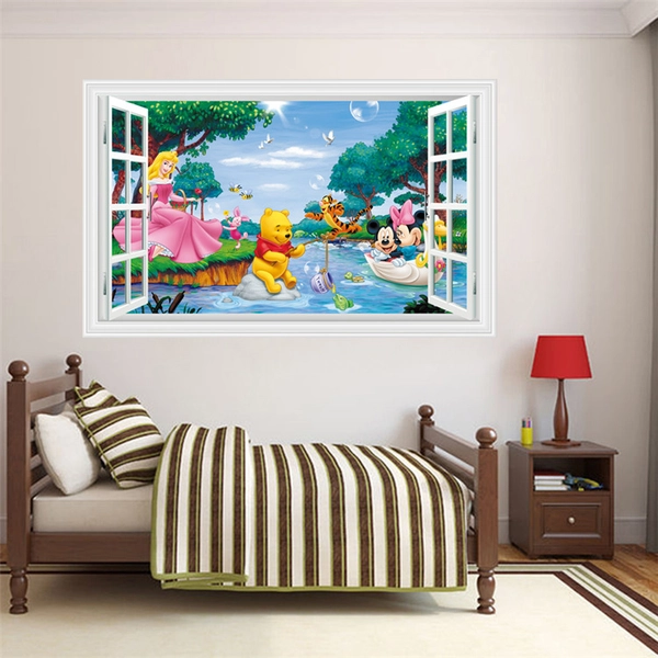 Decal dán tường cửa sổ công chúa và gấu Pooh