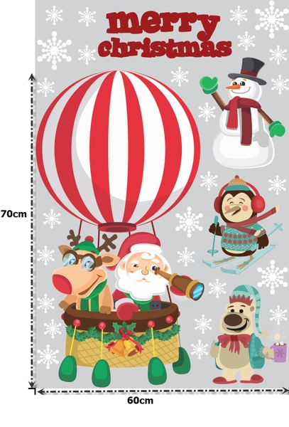 Decal dán tường Ông già Noel và khinh khí cầu (nền trắng đục)