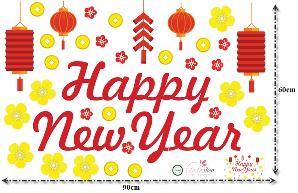 Decal happy new year và hoa mai vàng