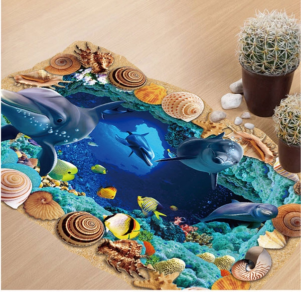 Decal 3D dán tường Cá heo và sò biển