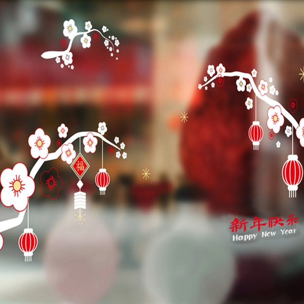 Decal cành mai và lồng đèn tết