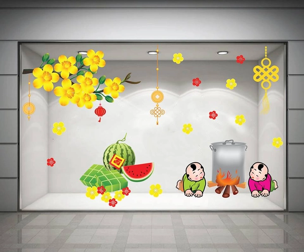 Decal cành mai vàng và hai bé nấu bánh chưng