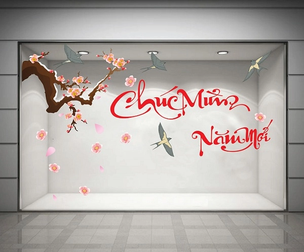 Decal chúc mừng năm mới và cành đào hồng