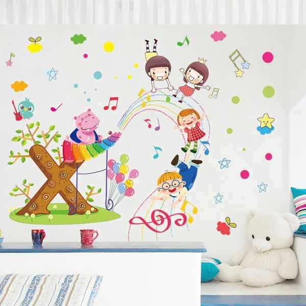 Decal dán tường hà mã chơi đàn