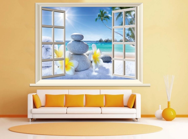 Tranh dán tường phong cảnh biển cửa sổ 3D Spa 2