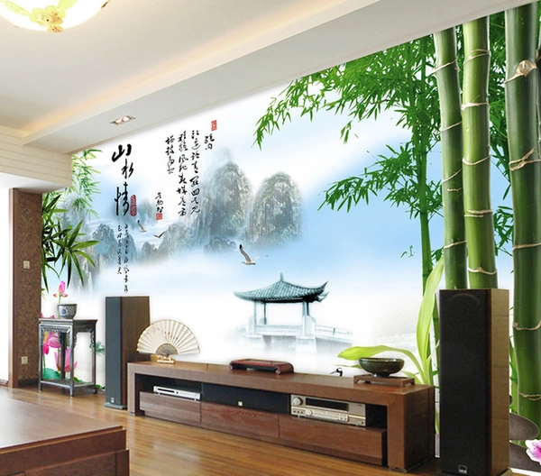 Tranh Dán Tường phong cảnh kèm chữ thư pháp