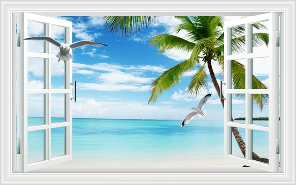 Tranh Dán Tường Phong Cảnh Biển Cửa Sổ Cây Dừa 3D