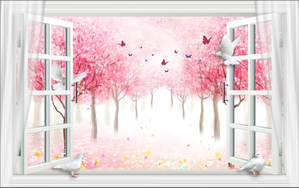 Tranh Dán Tường Cửa Sổ Rừng Cây Cổ Tích