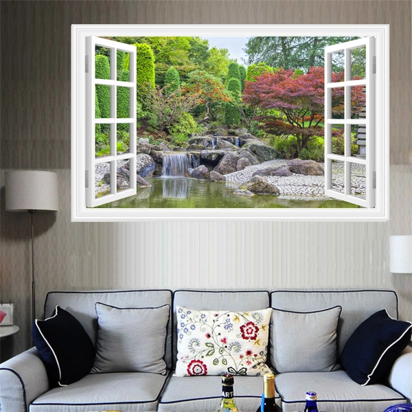 Tranh dán tường cửa sổ thác cây xanh