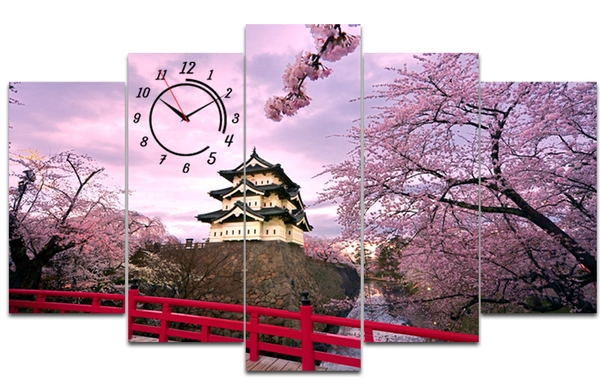 Tranh đồng hồ thành phố hoa anh đào cách điệu