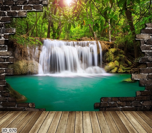 Tranh dán tường thác nước góc nhìn bên tường đá
