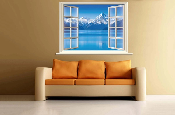 Tranh dán tường cửa sổ núi tuyết
