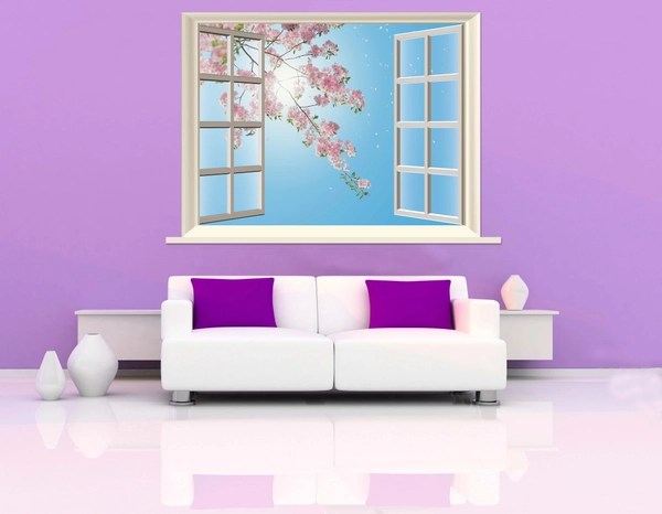 Tranh dán tường cửa sổ hoa đào hồng