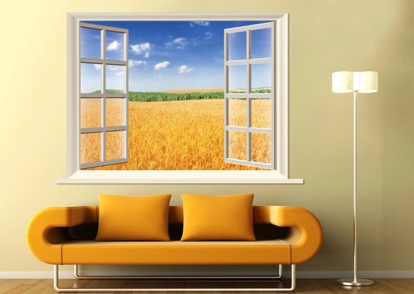 Tranh Dán Tường Cửa Sổ Cánh Đồng Lúa Mì