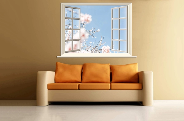 Tranh dán tường cửa sổ hoa đào trắng