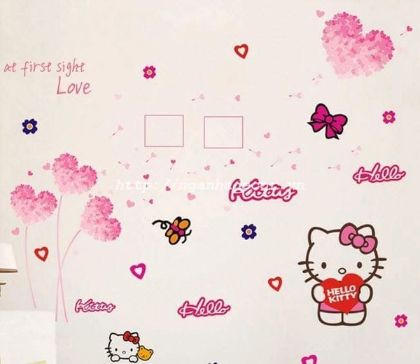 Decal dán tường Combo Hello Kitty 1  Decal trái tim hồng 2