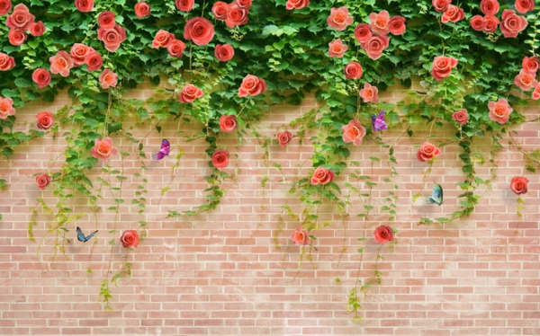 Tranh Dán Tường 3D Trang Trí Bụi Hồng Leo Trên Tường