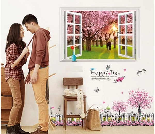 Decal dán tường Combo Cửa sổ con đường hoa đào 2   Chân tường hàng rào hồng