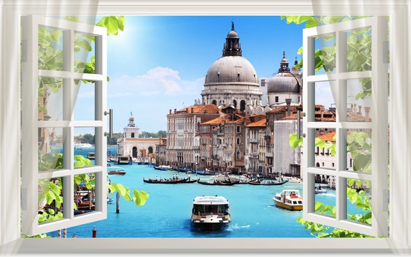 Tranh cửa sổ lâu đài biển xanh