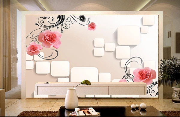 Tranh dán tường hoa hồng nền vuông trắng hồng