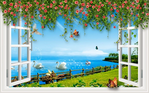 Tranh Dán Tường Phong Cảnh Biển Cửa Sổ Đôi Thiên Nga