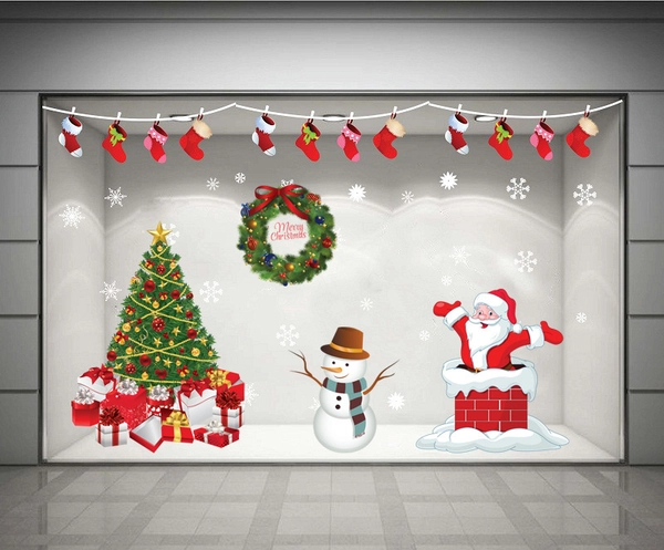 Decal dán tường Combo ông già Noel người tuyết và cây thông xanh