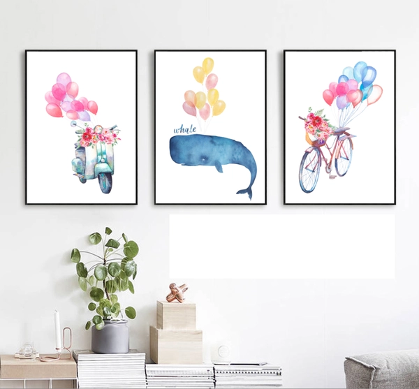 Tranh Treo Tường Bộ 3 Tấm Cá Voi Xanh Và Bong Bóng Sắc Màu