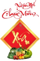 Decal chúc mừng năm mới và mâm ngũ quả ngày tết