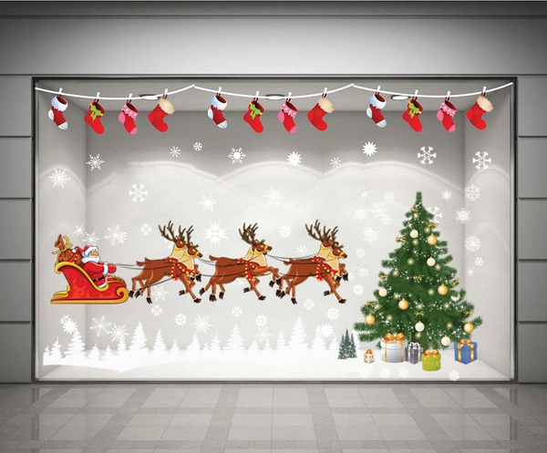 Decal dán tường Combo cây thông xanh và đàn tuần lộc