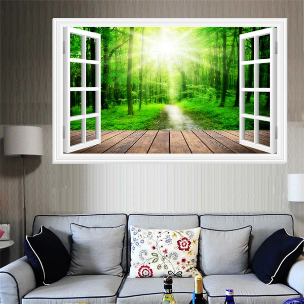 Tranh dán tường cửa sổ rừng xanh