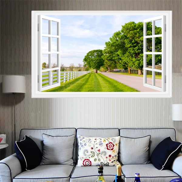 Tranh dán tường cửa sổ hàng rào cây xanh