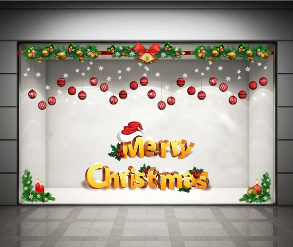 Decal dán tường Combo Merry christmas và dây treo quả cầu Noel