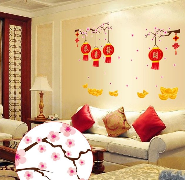 Decal cành đào hồng và lồng đèn đỏ 2