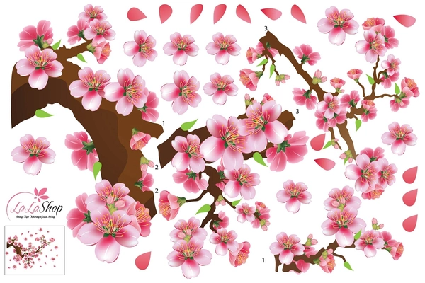 Decal cành đào hồng may mắn đón xuân