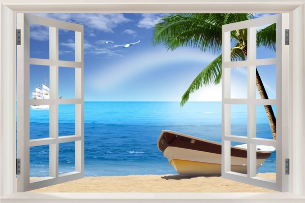 Tranh cửa sổ thuyền và biển