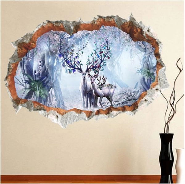 Decal 3D dán tường Cửa sổ gia đình hươu