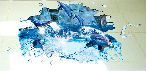 Decal 3D dán tường Cá heo xanh