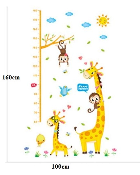 Decal dán tường thước đo hươu vàng và khỉ đu dây 2